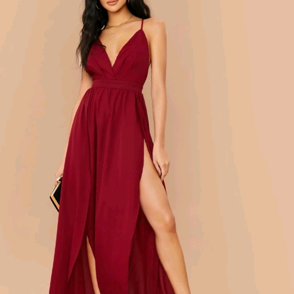 Surplice Neck Crisscross Back Split Thigh Dress
